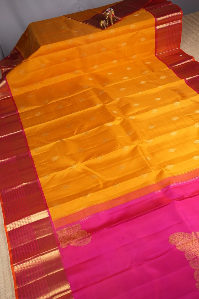 Gold Kanchipuram Silk Sarees with Gold Zari Buttis (small Dots Or Motifs) view 2