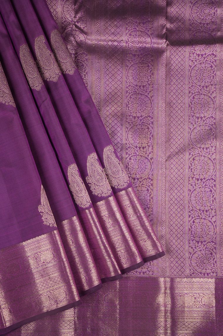 Magenta Purple Kanchipuram Silk Sarees with Gold Zari Buttis (small Dots Or Motifs) view 1