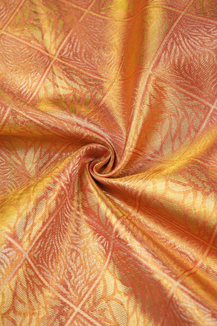 Apricot Orange Kanchipuram Silk Sarees with Gold Zari Geometric Shapes view 4