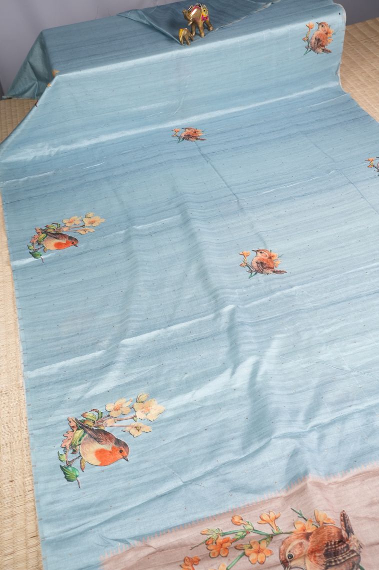 Sky Blue Tussar Saree with Without Zari Zari Buttis (small Dots Or Motifs) view 2