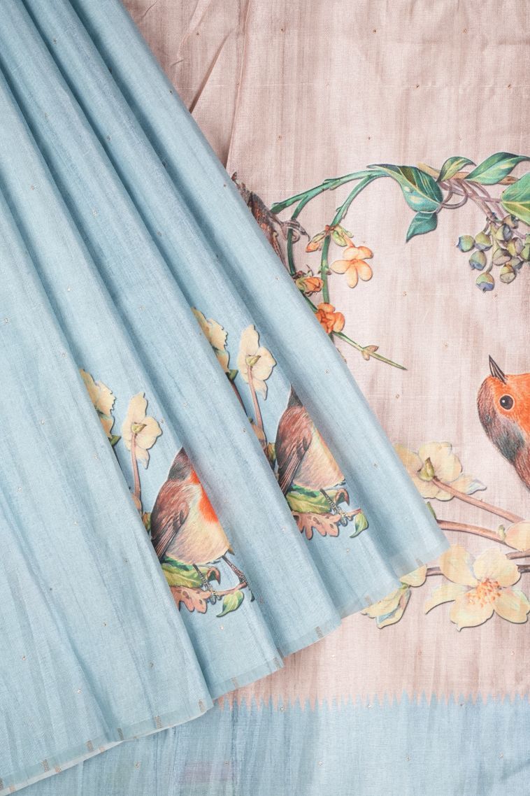 Sky Blue Tussar Saree with Without Zari Zari Buttis (small Dots Or Motifs) view 1