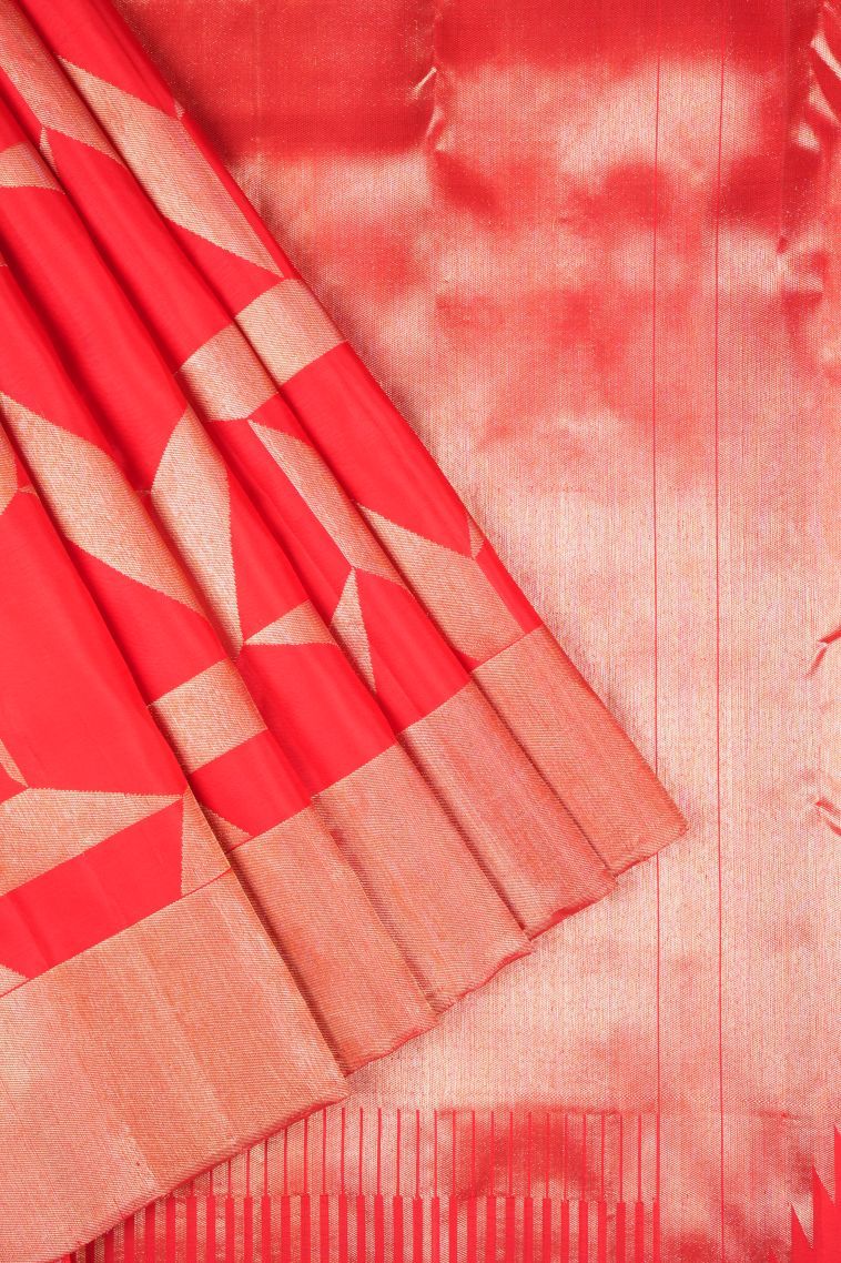Rose  Red Kanchipuram Silk Sarees with Gold Zari Geometric Shapes view 1