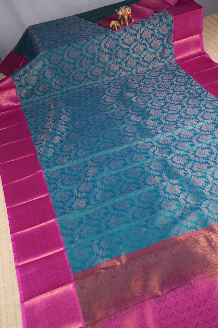 Cerulean Blue Visiri Madippu Silk Sarees with Copper Zari Floral Patterns view 2