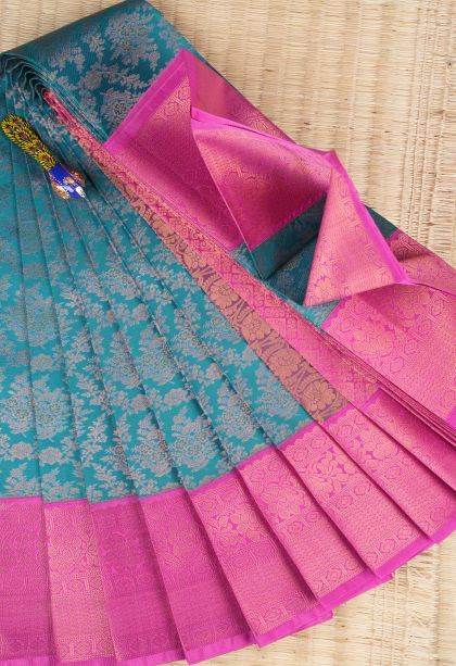 Cerulean Blue Visiri Madippu Silk Sarees with Copper Zari Floral Patterns