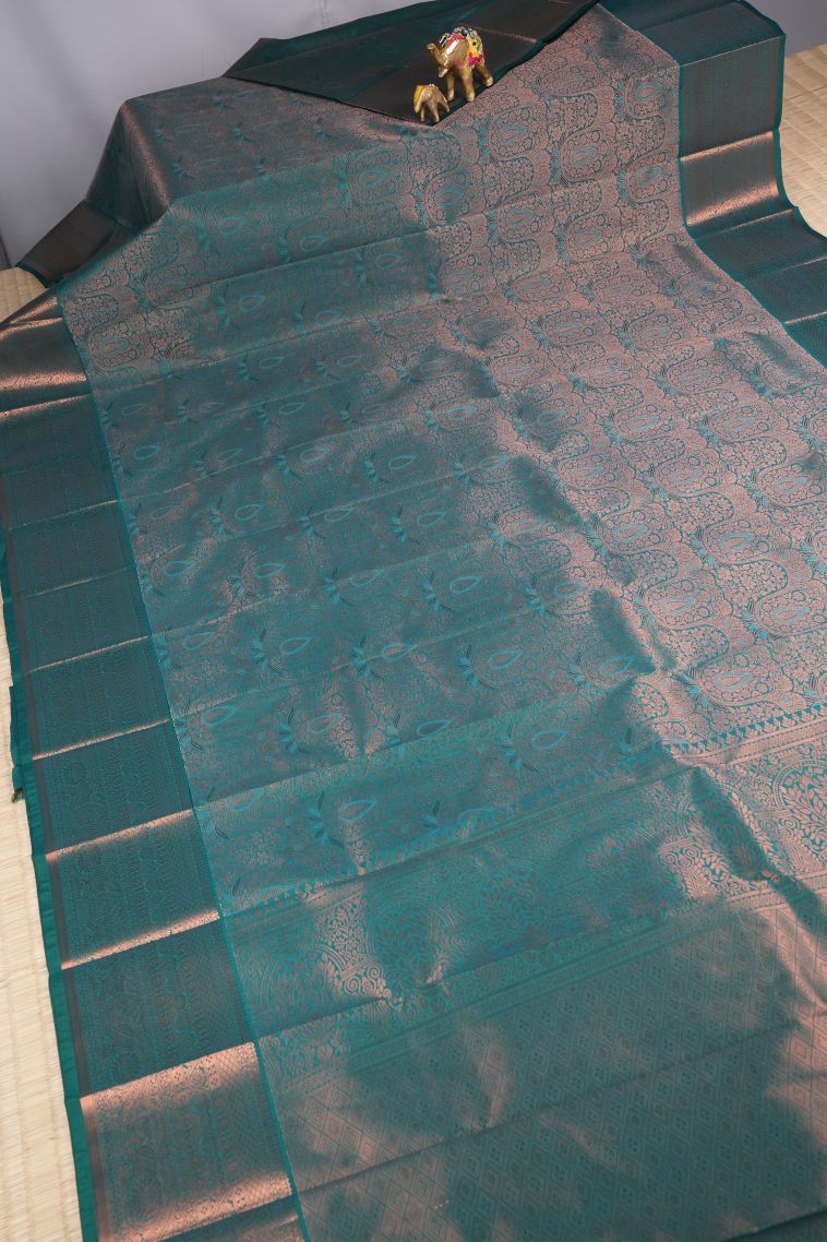 Cerulean Blue Visiri Madippu Silk Sarees with Copper Zari Floral Patterns view 2