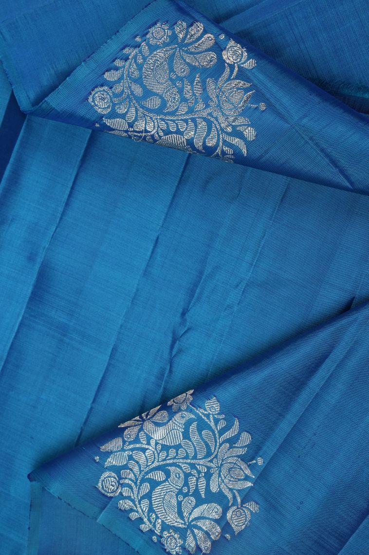 Peacock Blue Kanchipuram Silk Sarees with Gold Zari Stripes view 3