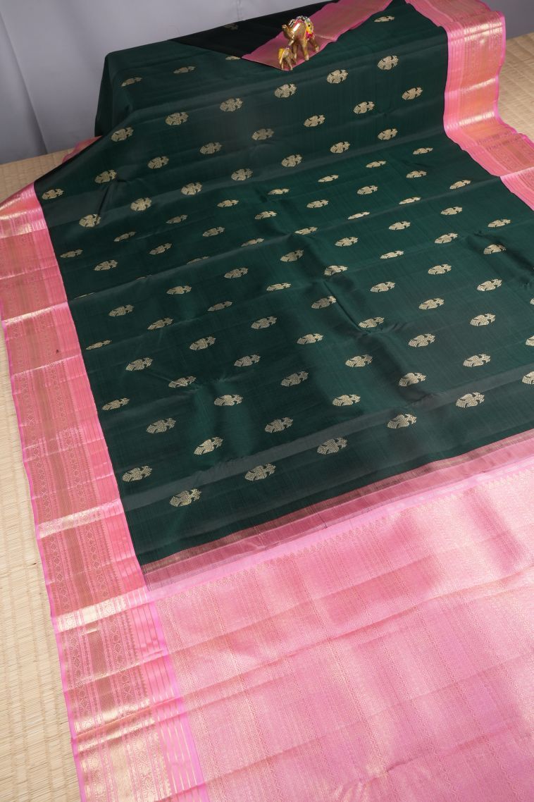 Bottle Green Kanchipuram Silk Sarees with Gold Zari Buttis (small Dots Or Motifs) view 2