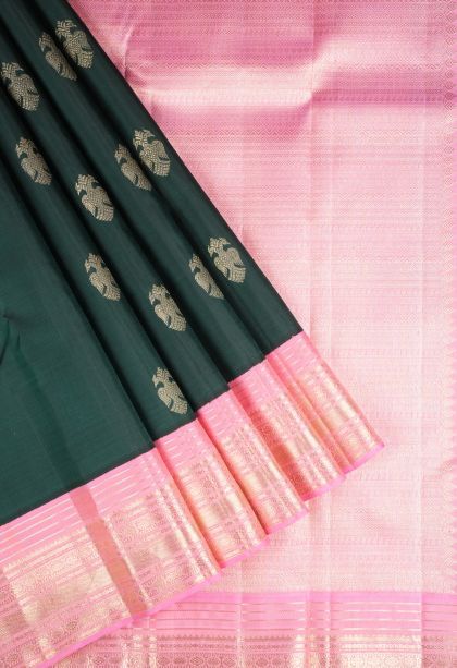 Bottle Green Kanchipuram Silk Sarees with Gold Zari Buttis (small Dots Or Motifs)