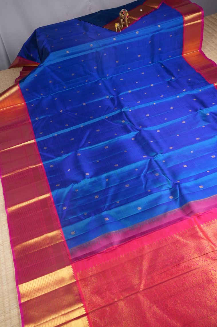 Peacock Blue Kanchipuram Silk Sarees with Gold Zari Buttis (small Dots Or Motifs) view 2