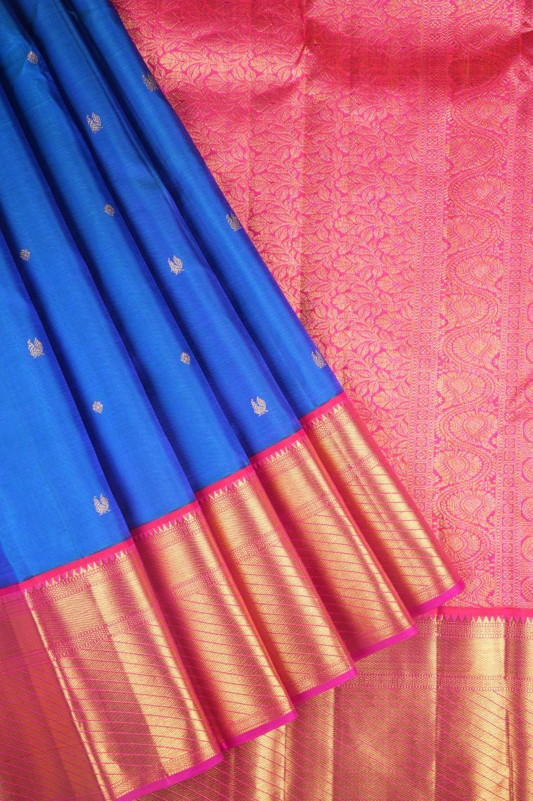 Peacock Blue Kanchipuram Silk Sarees with Gold Zari Buttis (small Dots Or Motifs) view 1