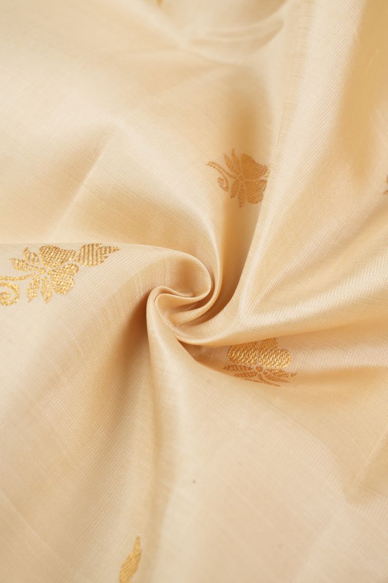 Cream White Kanchipuram Silk Sarees with Gold Zari Buttis (small Dots Or Motifs) view 4