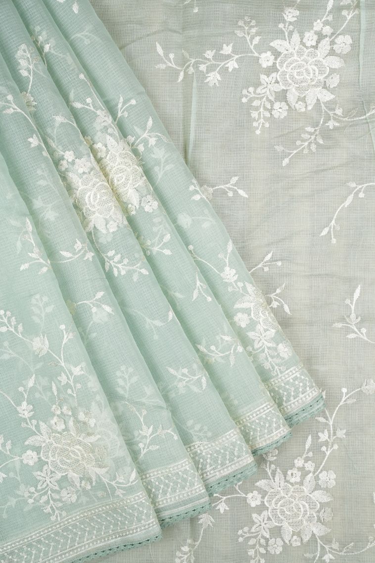 Pistachio Green Organza Saree with Without Zari Zari Floral Patterns view 1