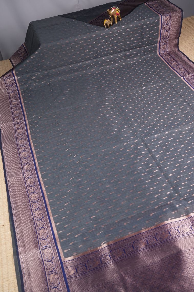 Gray Black Tussar Saree with Copper Zari Stripes view 2