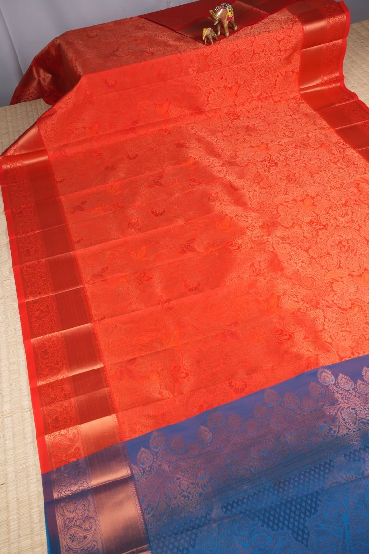 Tiger Orange Visiri Madippu Silk Sarees with Copper Zari Floral Patterns view 2