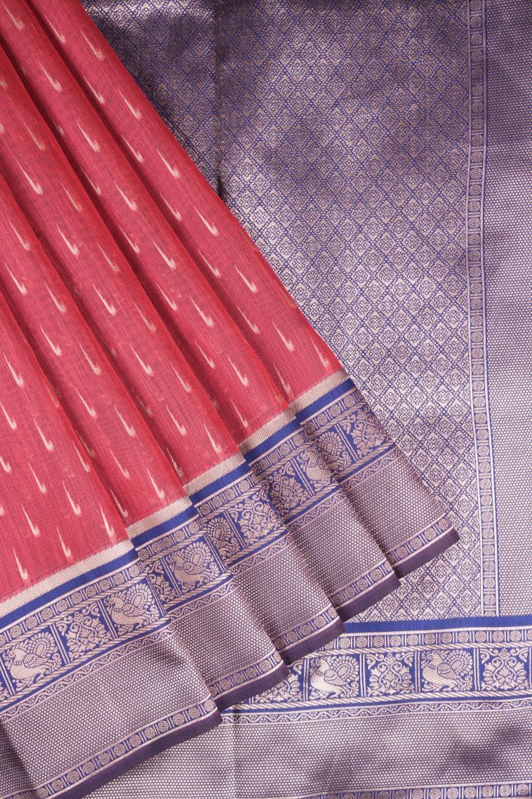 Dawn Red Tussar Saree with Copper Zari Stripes view 1