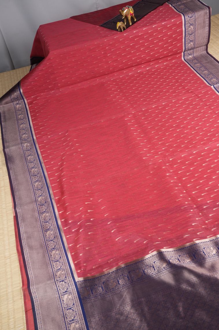 Dawn Red Tussar Saree with Copper Zari Stripes view 2
