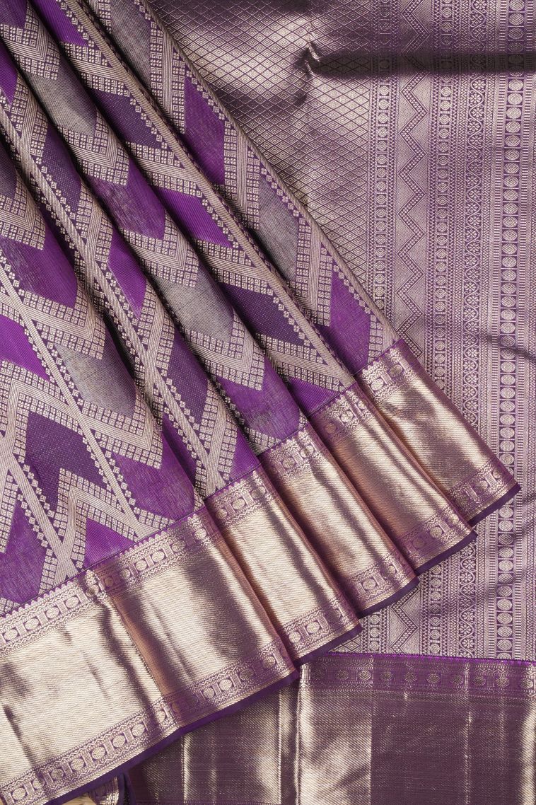 Bosenberry Purple Kanchipuram Silk Sarees with Gold Zari Geometric Shapes view 1