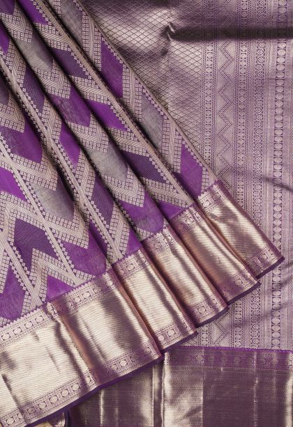 Bosenberry Purple Kanchipuram Silk Sarees with Gold Zari Geometric Shapes