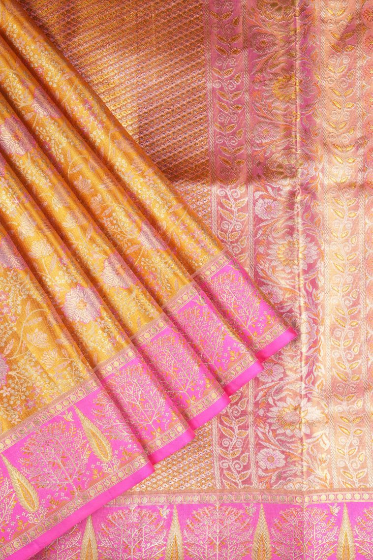 Merigold Orange Kanchipuram Silk Sarees with Gold Zari Floral Patterns view 1