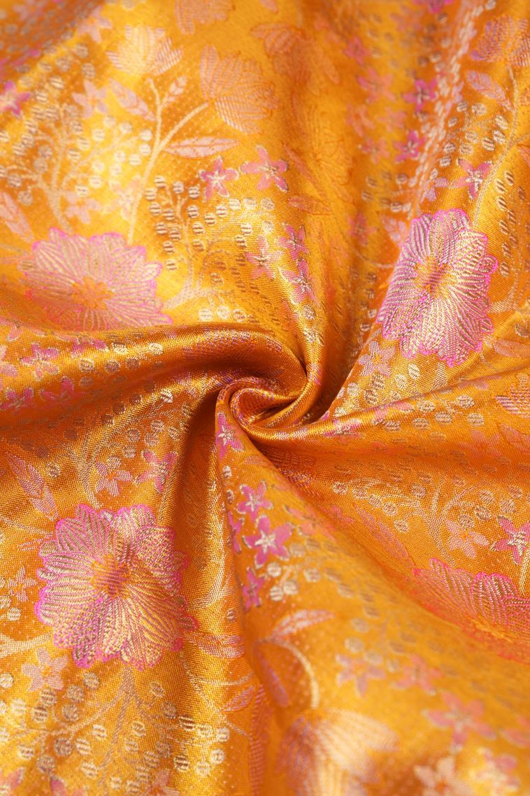 Merigold Orange Kanchipuram Silk Sarees with Gold Zari Floral Patterns view 4