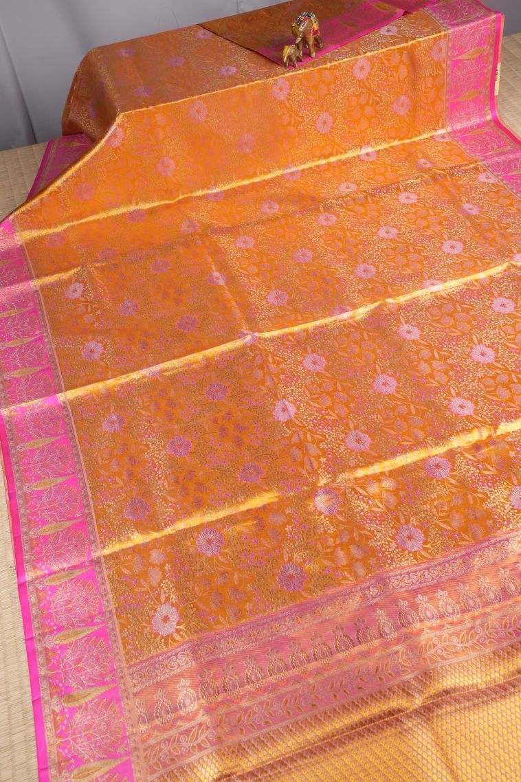 Merigold Orange Kanchipuram Silk Sarees with Gold Zari Floral Patterns view 2