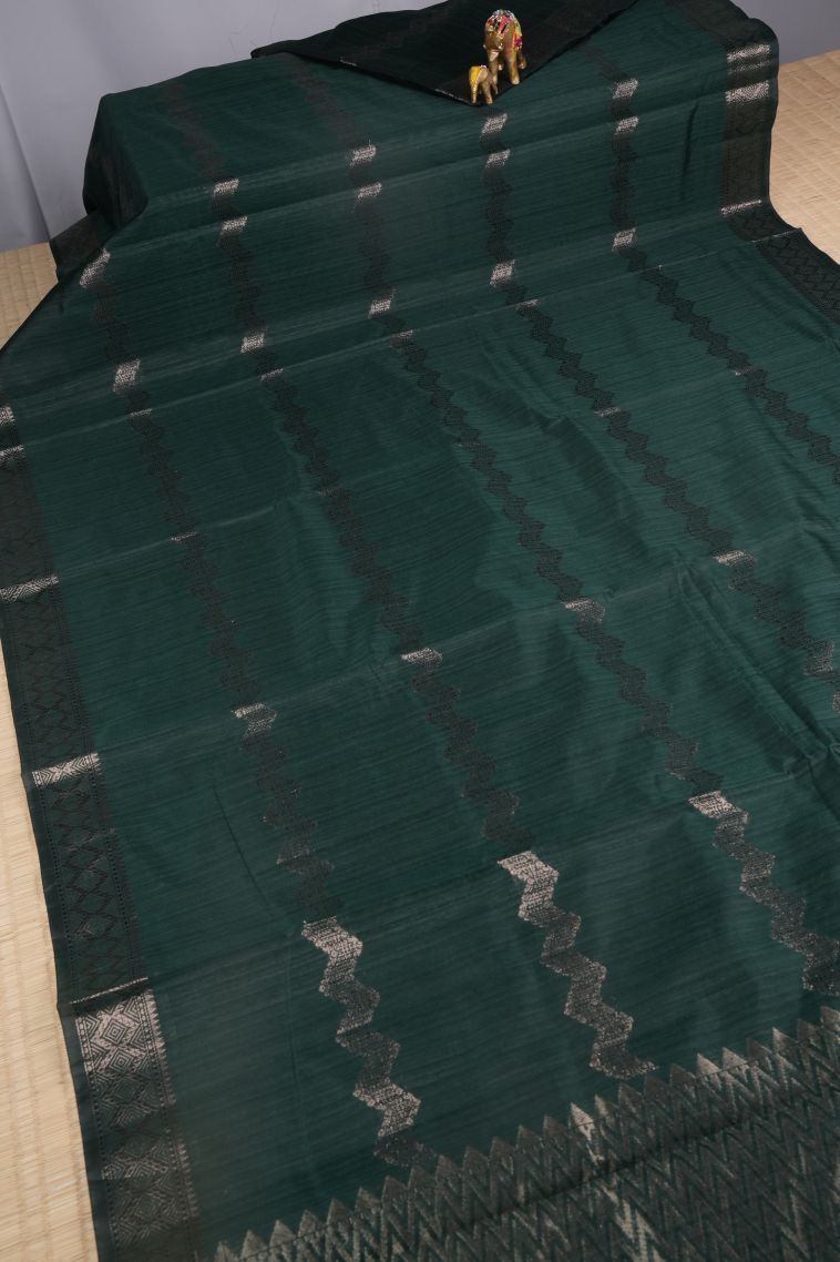 Bottle Green Jute Sarees with Copper Zari Stripes view 2