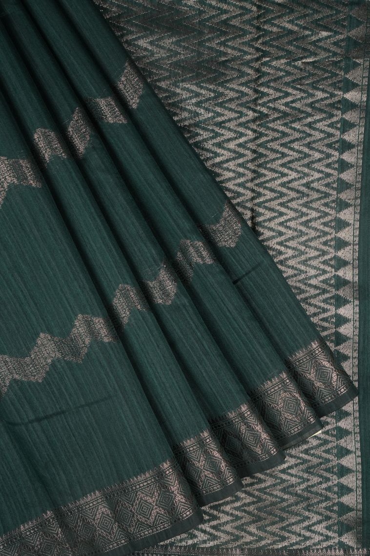 Bottle Green Jute Sarees with Copper Zari Stripes view 1