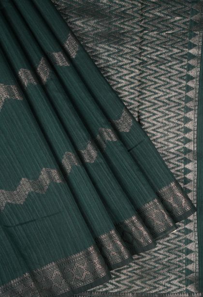 Bottle Green Jute Sarees with Copper Zari Stripes