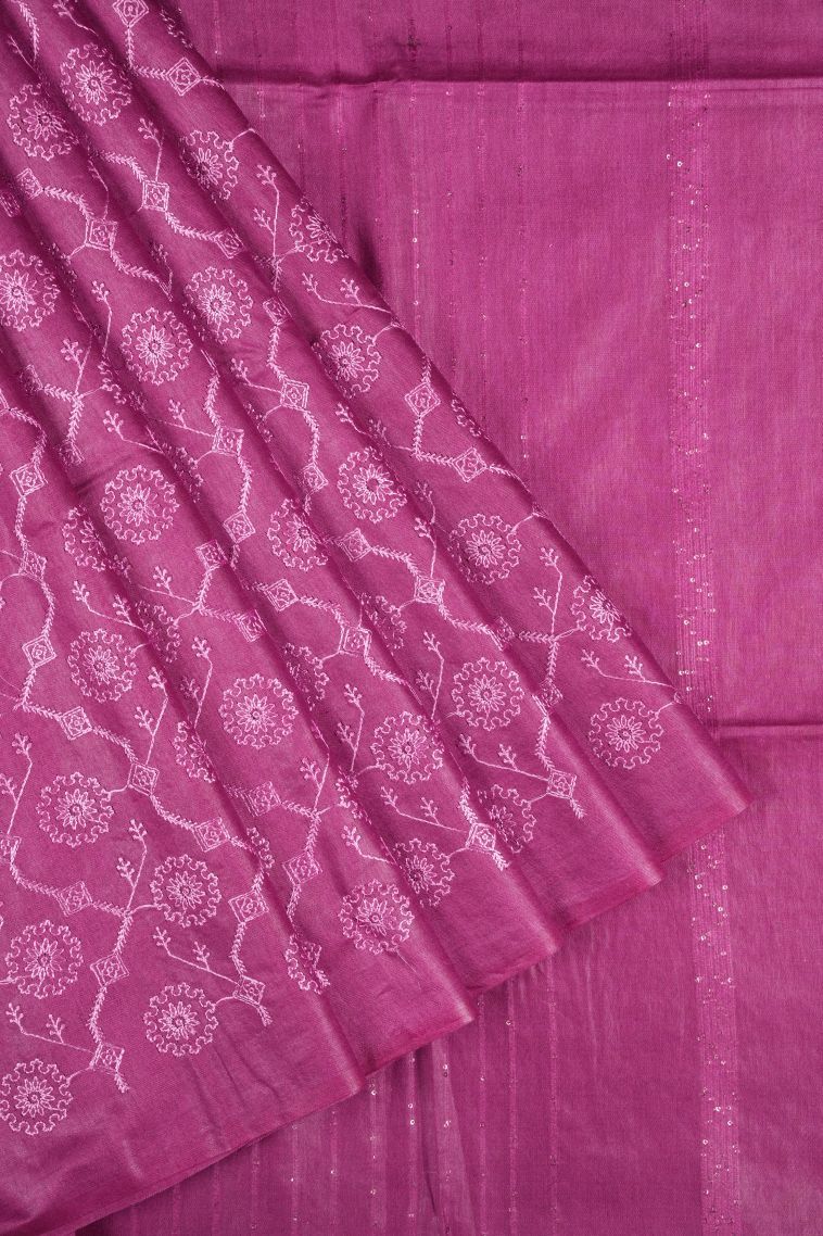 Magenta Purple Tussar Saree with Without Zari Zari Floral Patterns view 1