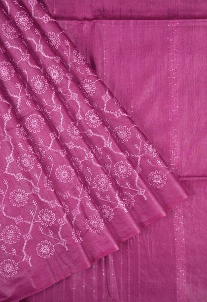 Magenta Purple Tussar Saree with Without Zari Zari Floral Patterns