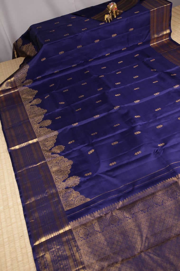 Admiral Blue Kanchipuram Silk Sarees with Gold Zari Buttis (small Dots Or Motifs) view 2