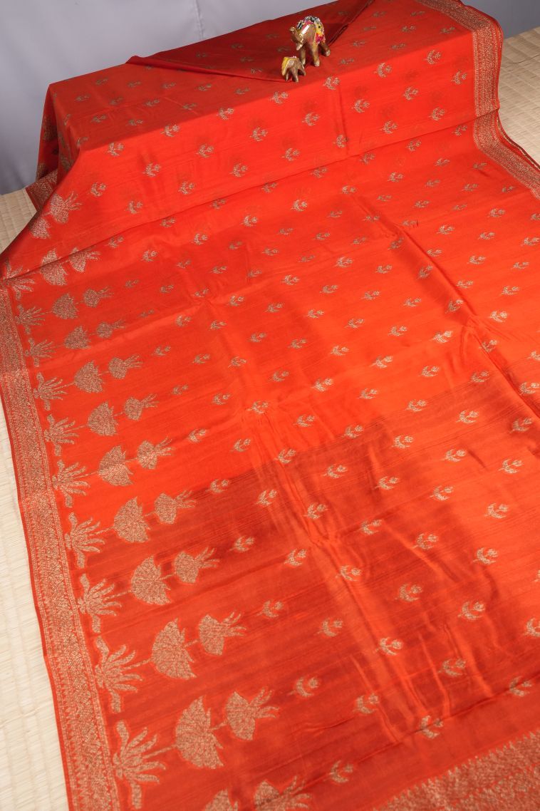 Tiger Orange Banaras Sarees with Copper Zari Buttis (small Dots Or Motifs) view 2