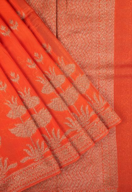 Tiger Orange Banaras Sarees with Copper Zari Buttis (small Dots Or Motifs)