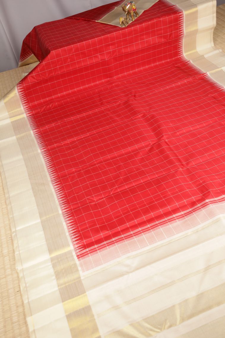 Rose  Red Kanchipuram Silk Sarees with Without Zari Zari Checks view 2