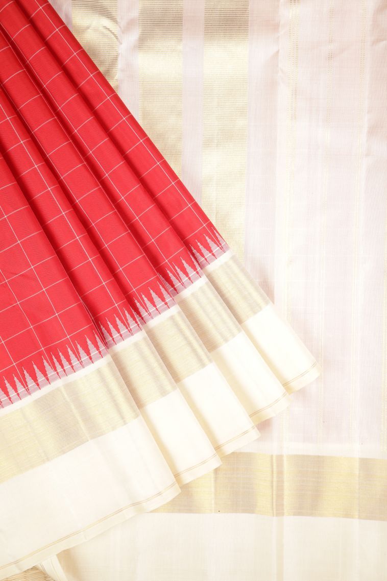 Rose  Red Kanchipuram Silk Sarees with Without Zari Zari Checks view 1