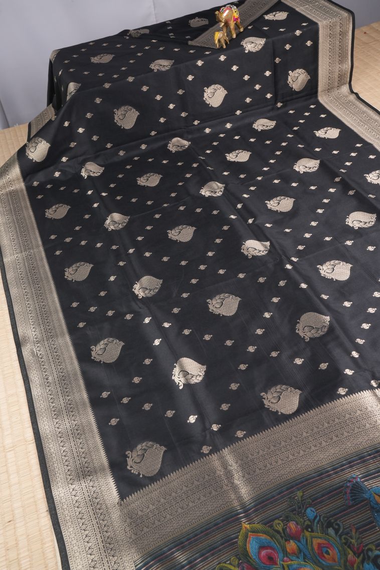 Asphalt Black Banaras Sarees with Copper Zari Buttis (small Dots Or Motifs) view 2