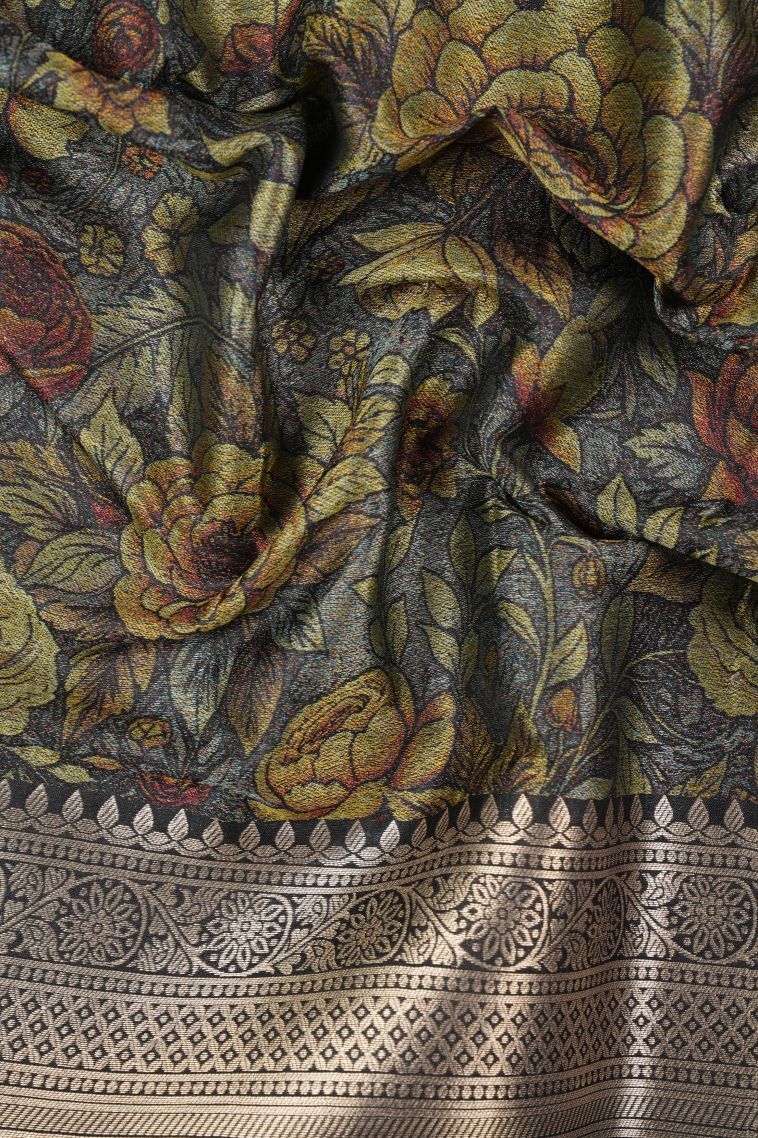 Asphalt Black Banaras Sarees with Copper Zari Floral Patterns view 3