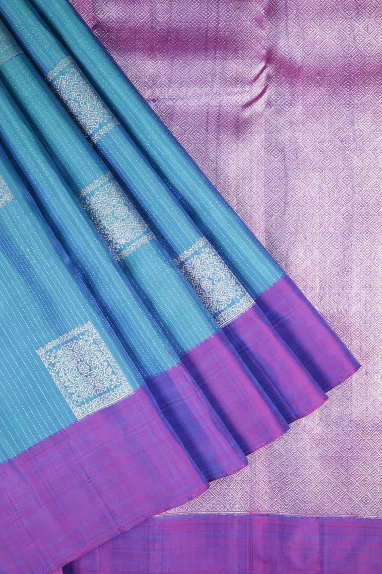 Ocean Blue Kanchipuram Silk Sarees with Gold Zari Stripes view 1
