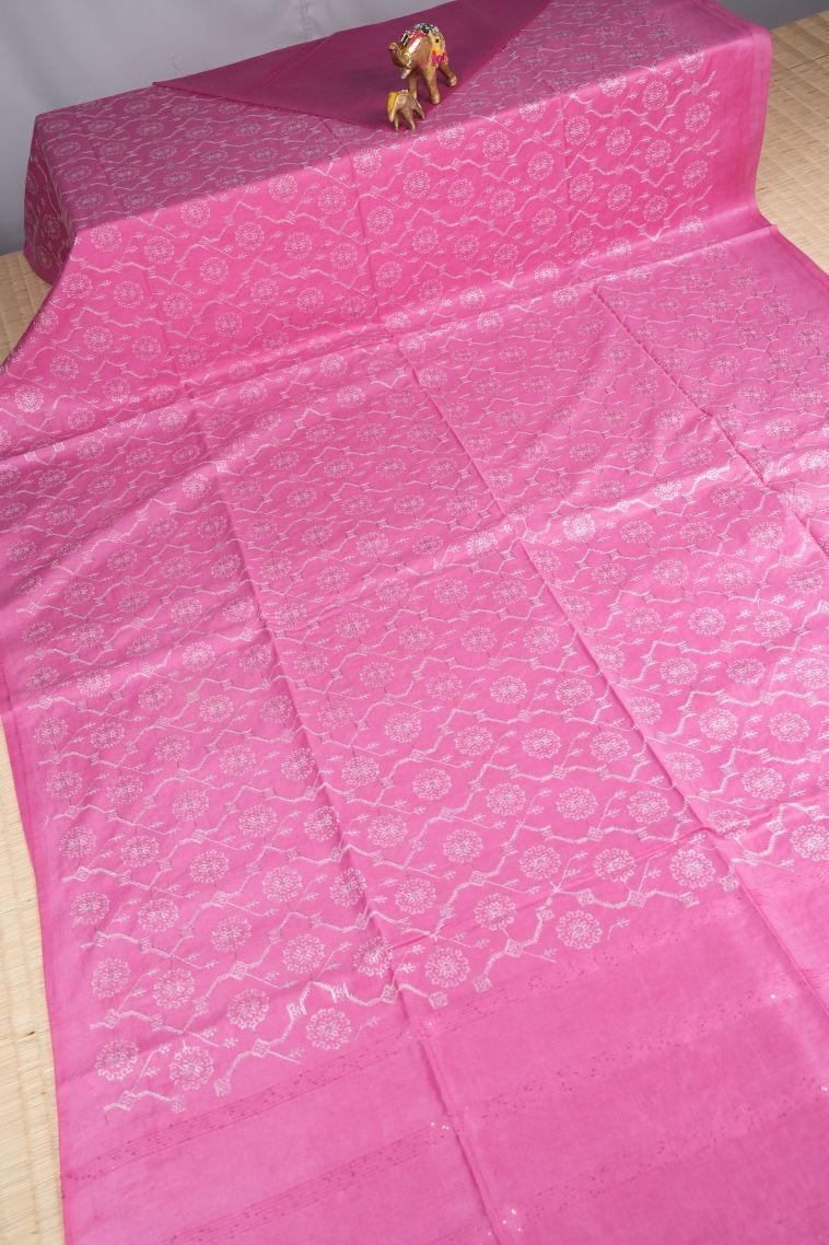Bubblegum Pink Tussar Saree with Without Zari Zari Floral Patterns view 2
