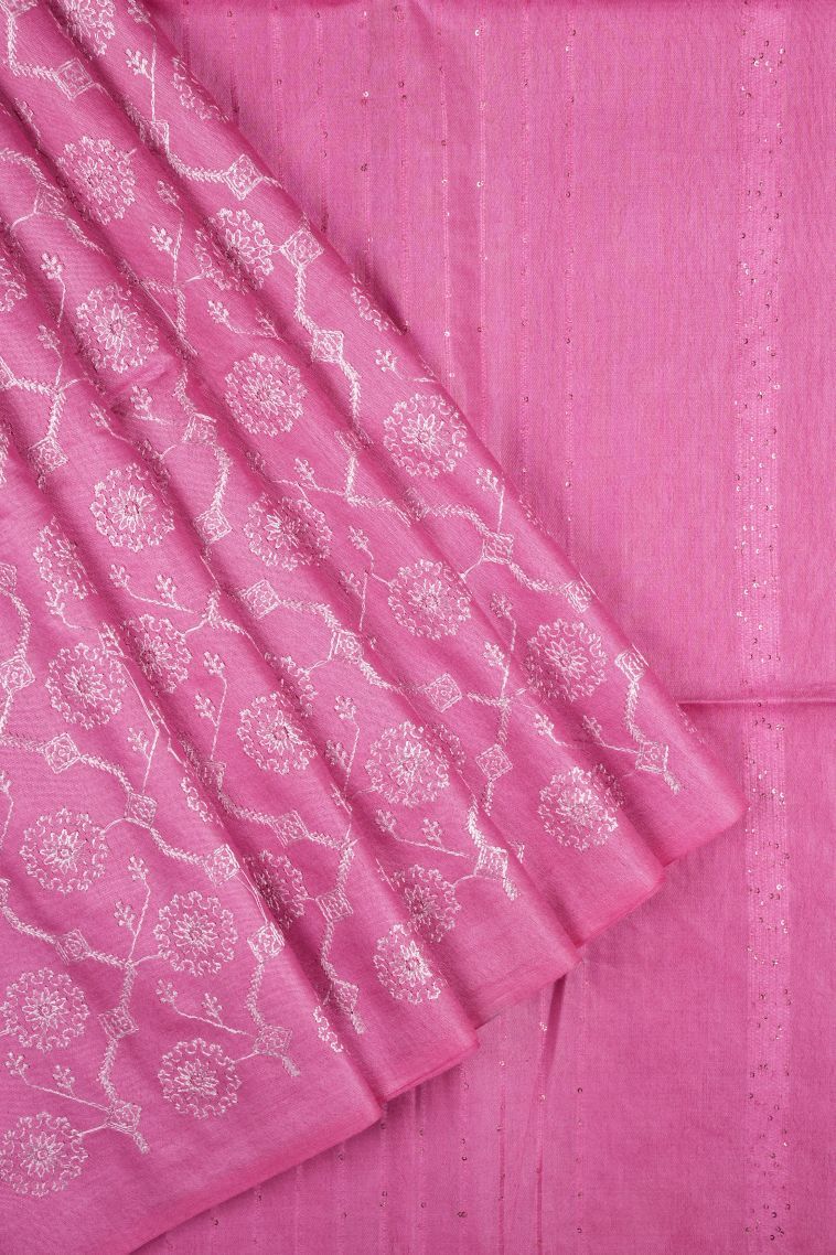 Bubblegum Pink Tussar Saree with Without Zari Zari Floral Patterns view 1