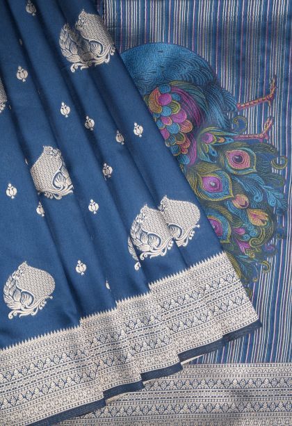 Aegean Blue Banaras Sarees with Copper Zari Buttis (small Dots Or Motifs)
