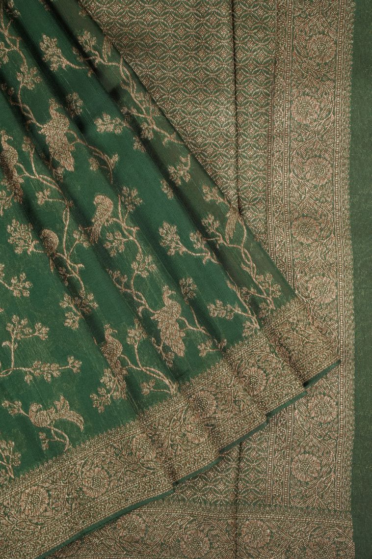 Basil Green Banaras Sarees with Copper Zari Floral Patterns view 1