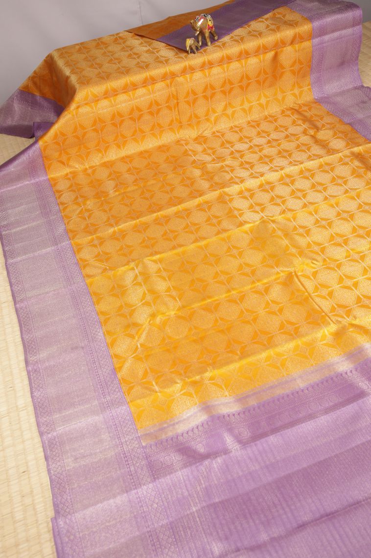 Gold Kanchipuram Silk Sarees with Silver Zari Checks view 2