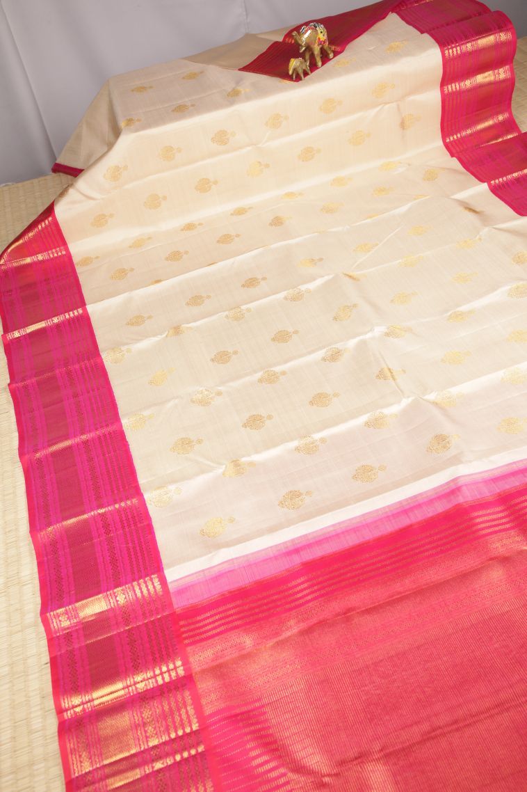 Cream White Kanchipuram Silk Sarees with Gold Zari Stripes view 2