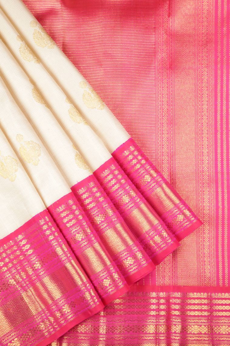 Cream White Kanchipuram Silk Sarees with Gold Zari Stripes view 1