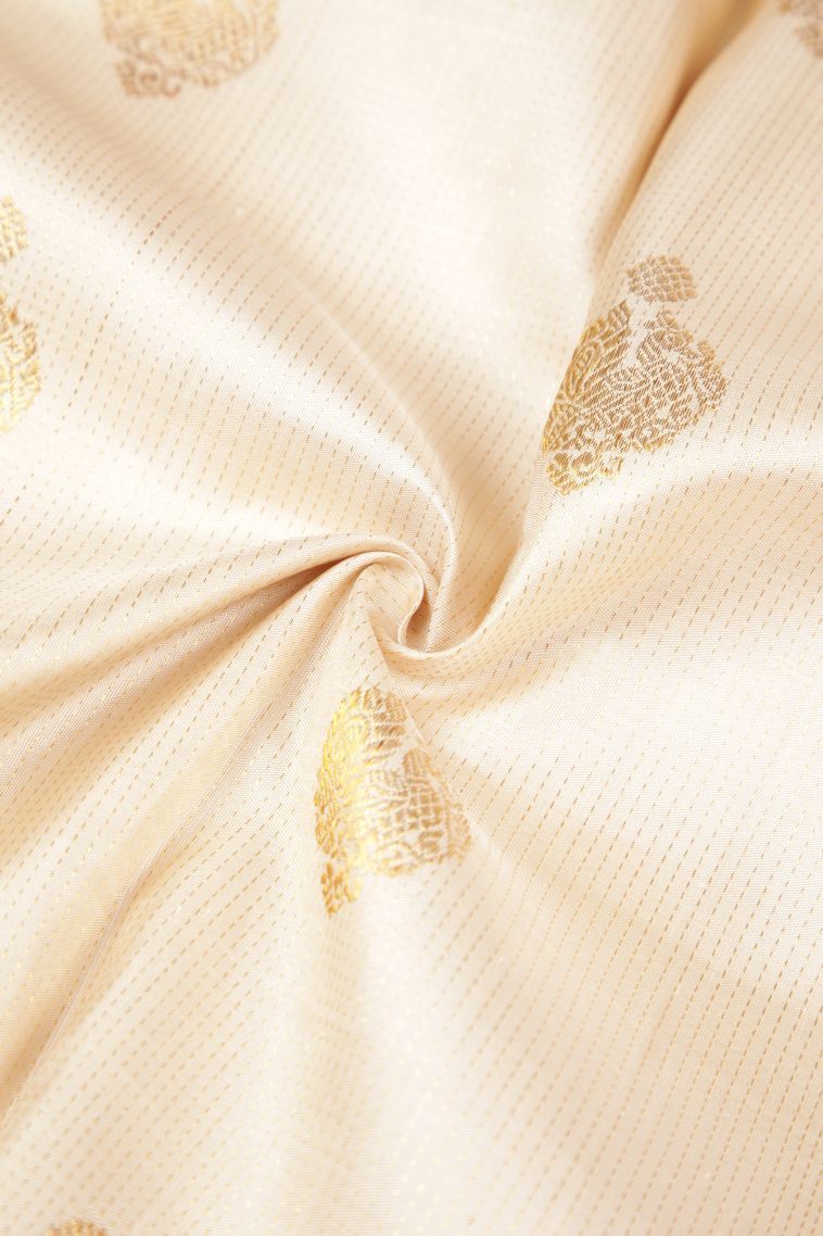 Cream White Kanchipuram Silk Sarees with Gold Zari Stripes view 4