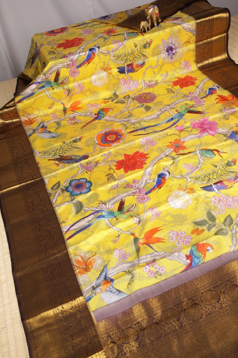 Lemon Yellow Kanchipuram Silk Sarees with Without Zari Zari Floral Patterns view 2