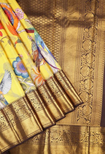 Lemon Yellow Kanchipuram Silk Sarees with Without Zari Zari Floral Patterns
