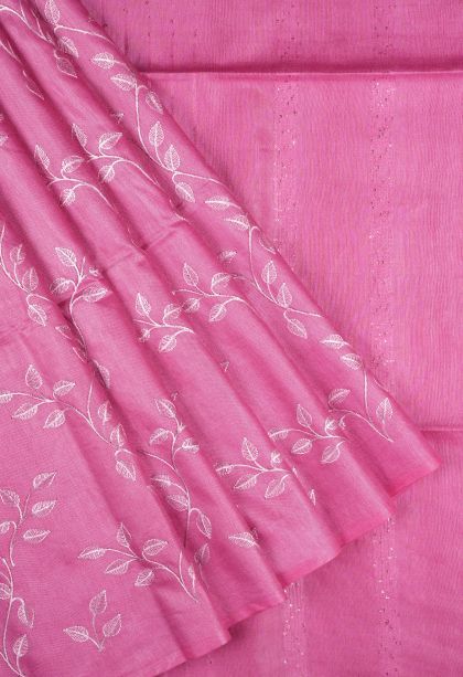 Bubblegum Pink Tussar Saree with Without Zari Zari Floral Patterns
