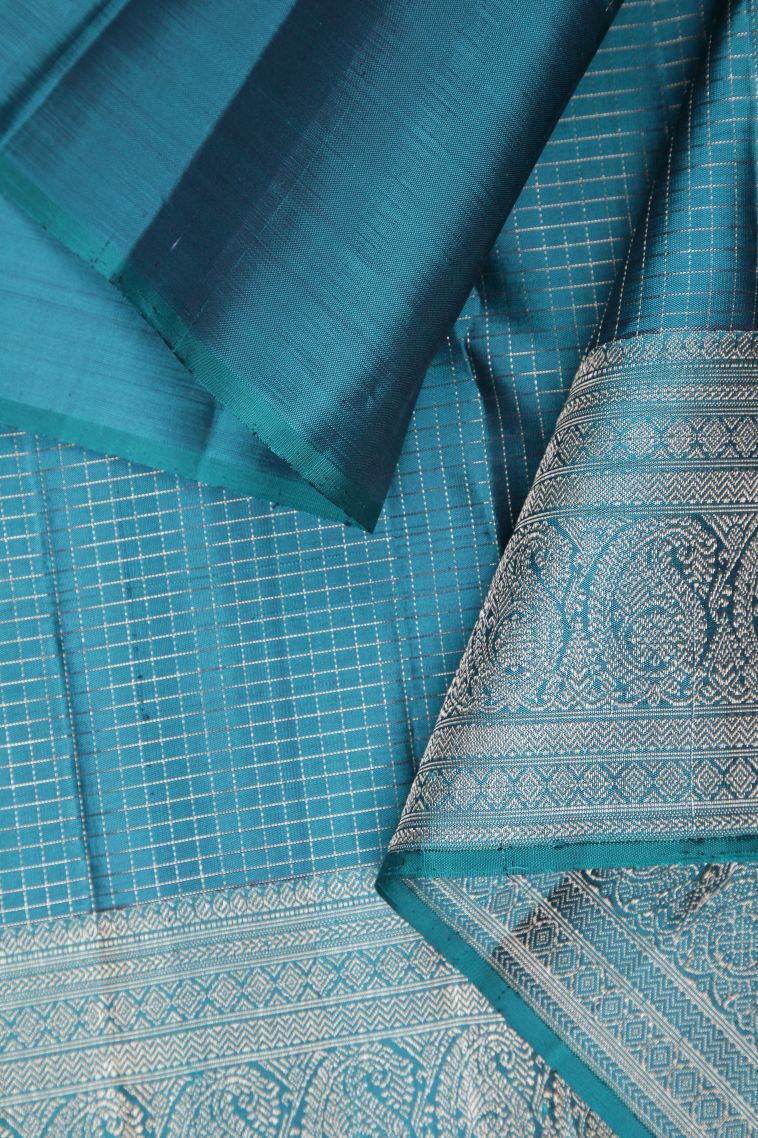 Olive Green Kanchipuram Silk Sarees with Gold Zari Checks view 3